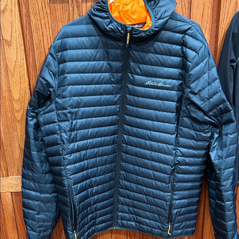 Eddie Bauer Men’s TXL Micro Light Hooded Jacket. Blue/Gray. Orange lining